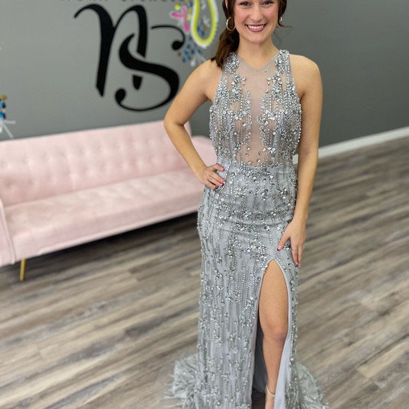 Terani Couture Silver Jeweled Prom Dress - Picture 1 of 4